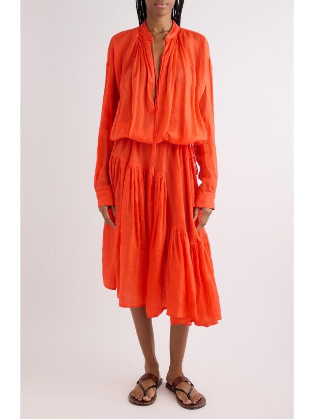 DRIES VAN NOTEN Orange Ramie Mousseline Split Neck Dress size EUR 38/ US 6